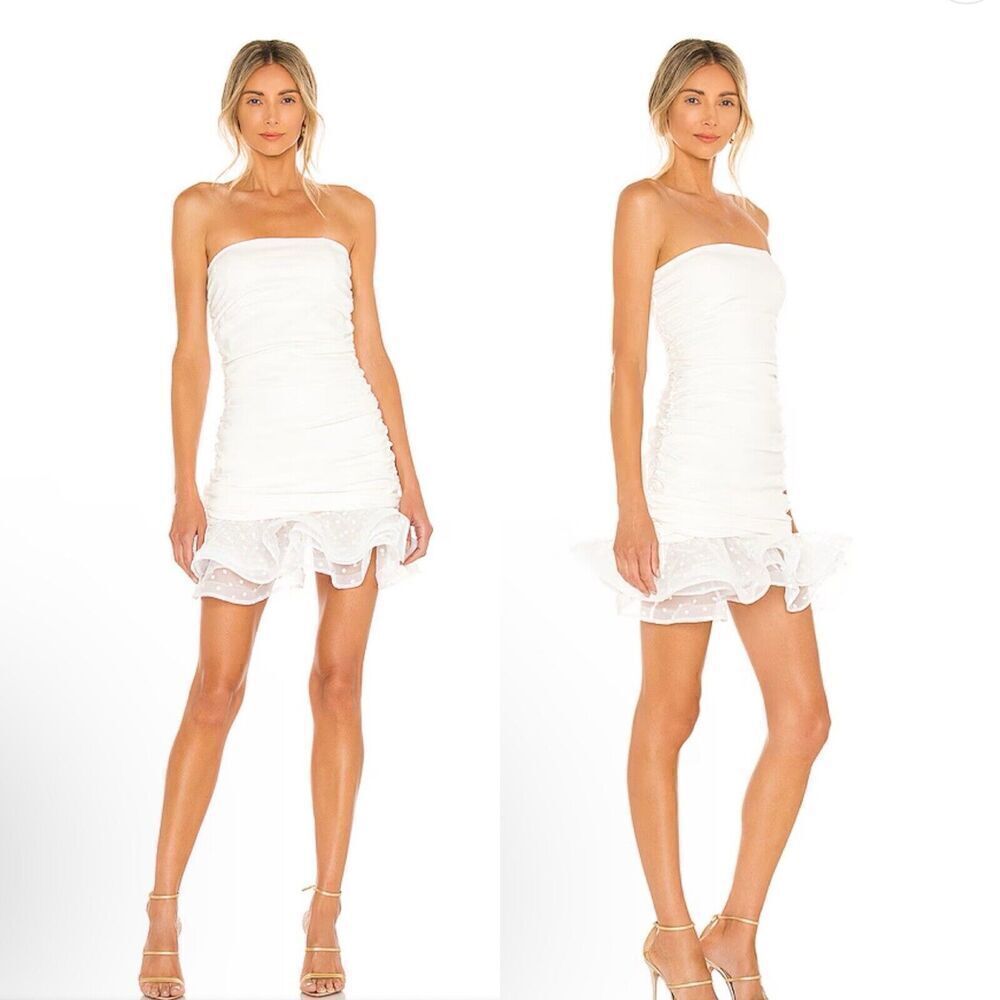 NBD Alice Mini Strapless Tulle Polka Ruched Dress White SZ XXS Revolve NWT $238